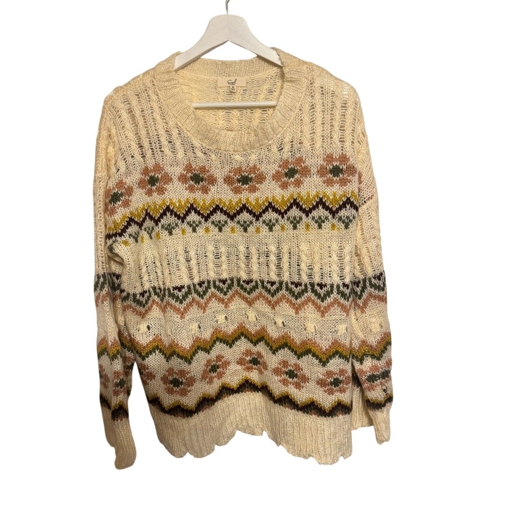 Easel Sweater Floral Geometric Open Knit Medium Cream Womens Boho Pullover